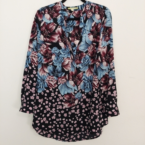 Gianni Bini Sz L Blouse Top Black Floral Colorful Deep V Neck Tunic Art to Wear - Picture 2 of 8